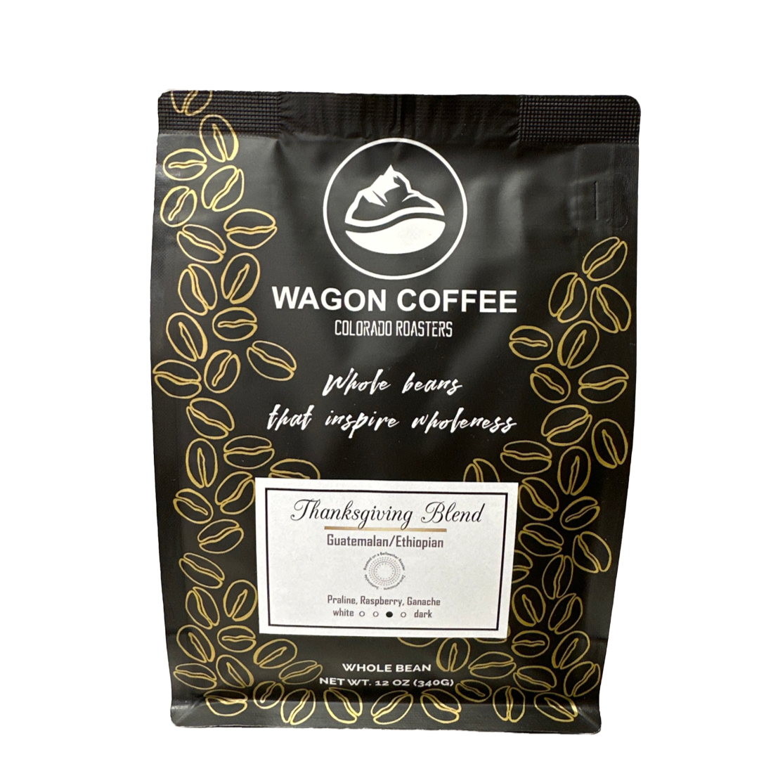 Thanksgiving Roast coffee bag. A Guatemalan / Ethiopian blend with praline, rasberry, and ganache flavors.