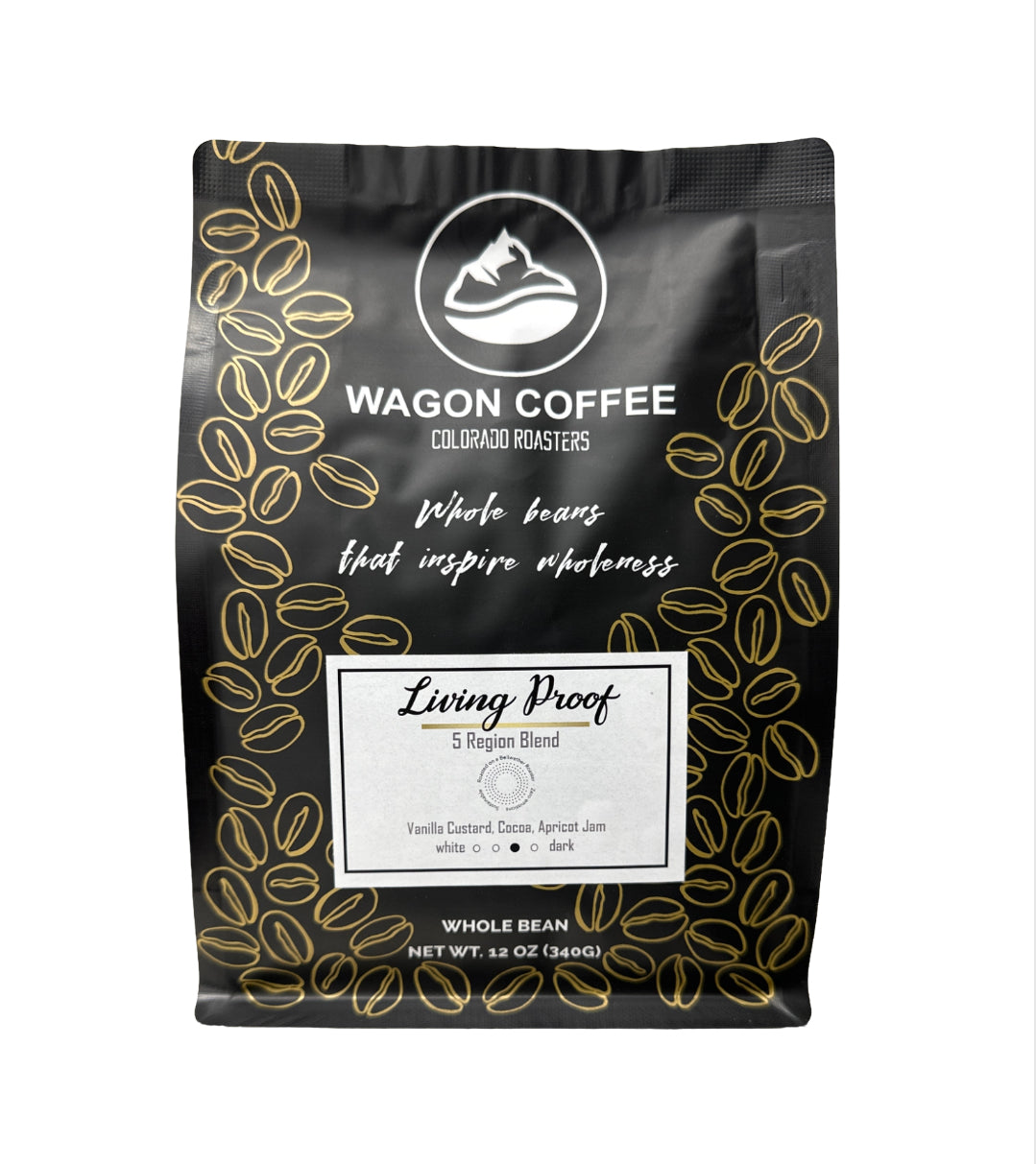 Wagon Coffee package with Living Proof coffee bean design on a white background