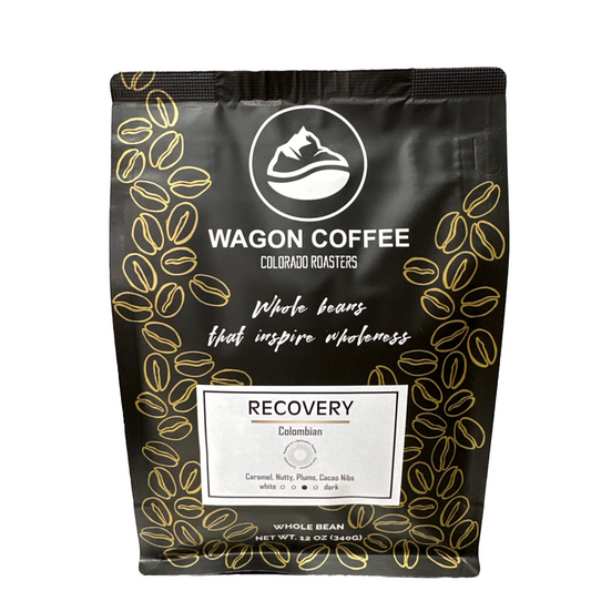 Recovery - a Columbian medium roast with flavors of caramel, nutty, plums, and cocoa nibs.