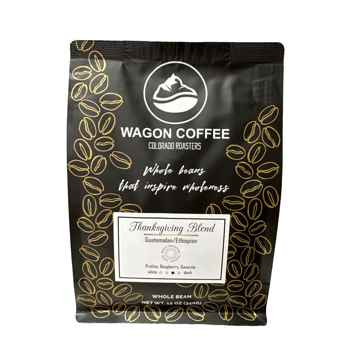 Thanksgiving Roast coffee bag. A Guatemalan / Ethiopian blend with praline, rasberry, and ganache flavors. 